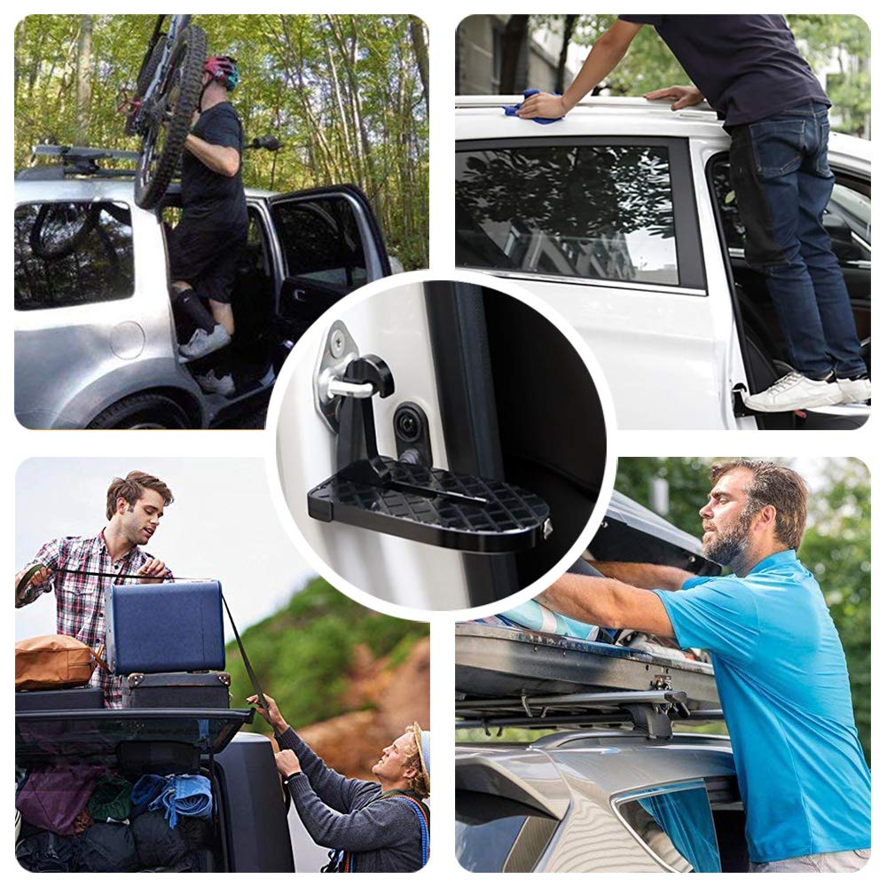 Car Doorstep Vehicle Folding Ladder Hooked on U Shaped Slam Latch Easy Access to Car Roof Rack Rooftop Assistance Doorstep with Safety Hammer Doorstep Black for Jeep SUV Off-Road Vehicles
