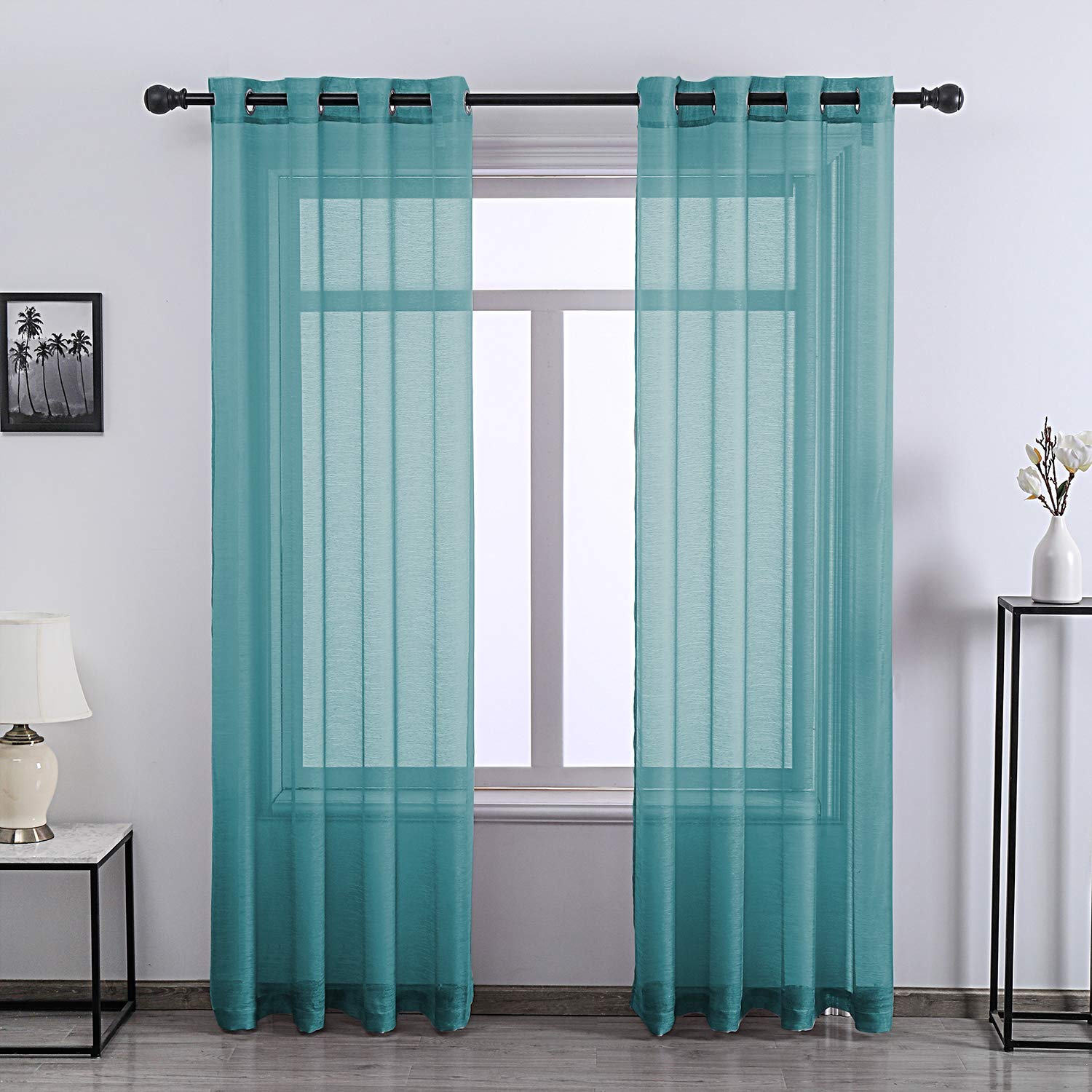 96 Inch Sheer Curtains Grommet 2 Panel Faux Linen Voile Drapes Textured Sheer Curtains for Living Room Bedroom,Teal