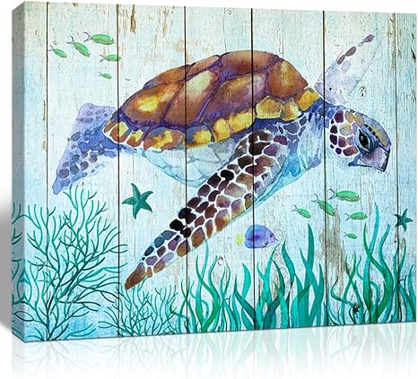 Amazon.com: Loom Art - Cuadro decorativo para pared con diseño de tortuga  marina, pintura de acuarela, lienzo de madera, arte de pared, arte moderno  para baño, sala de estar, decoración, 12 x