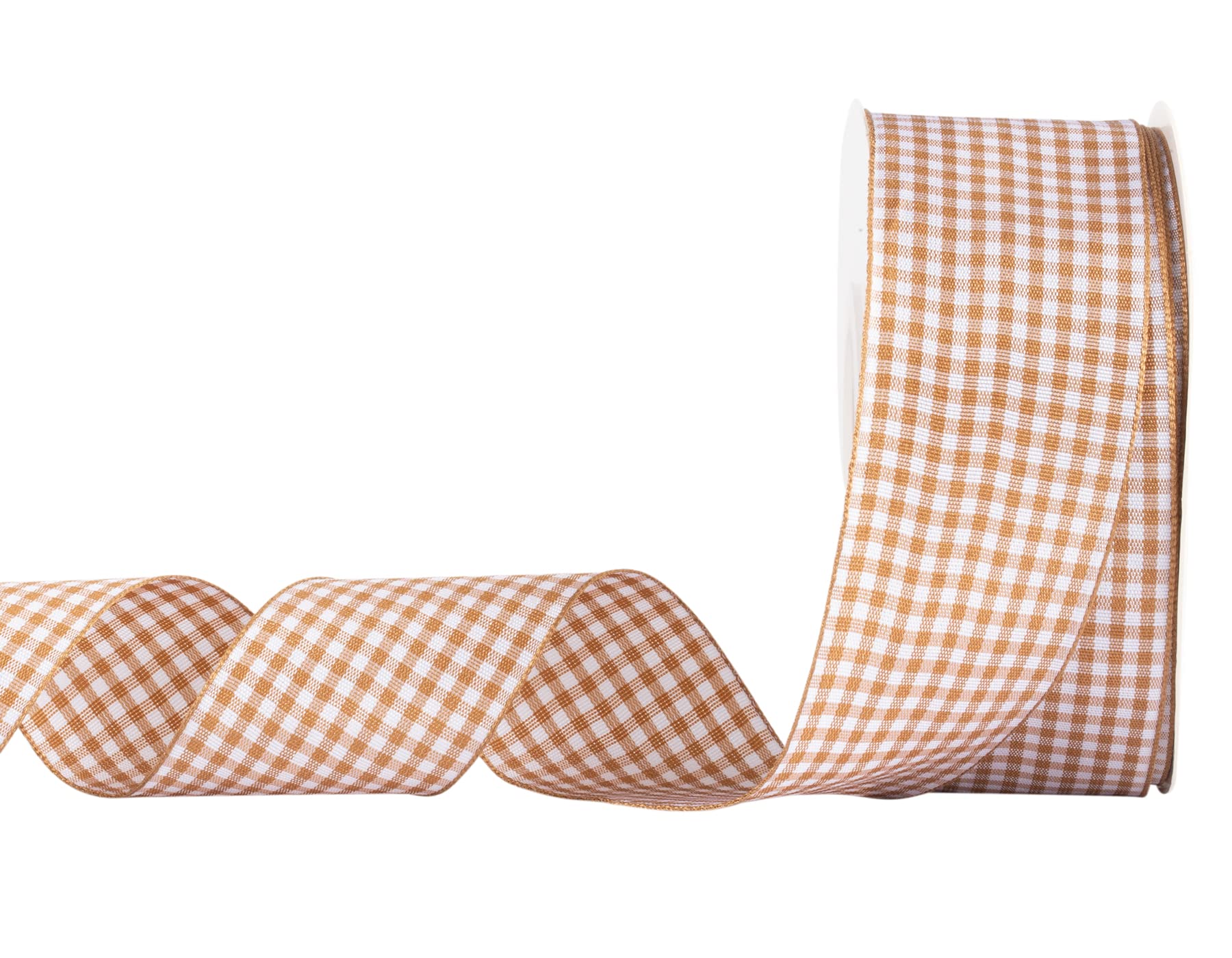 AVANAVA Gingham Ribbon 40mm Plaid Ribbon Polyester Check Woven Ribbon for Crafts, Gifting and Wedding (22 Meters-Roll, Old Gold)