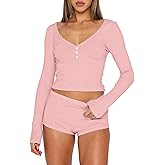ForeFair Women 2 Piece Ribbed Knit Pajama Set Button Long Sleeve Tops and Shorts Lounge Sweatsuits Y2k Sleepwear PJ Set