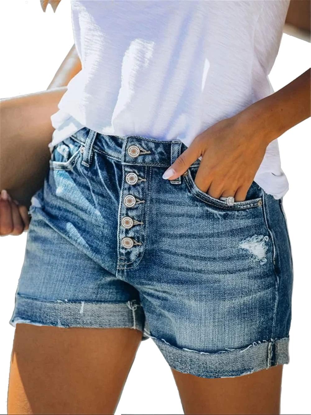 Angerella Denim Shorts for Women Mid Rise Ripped Jean Shorts Stretchy Folded Hem Hot Short Jeans at  Women’s Clothing store