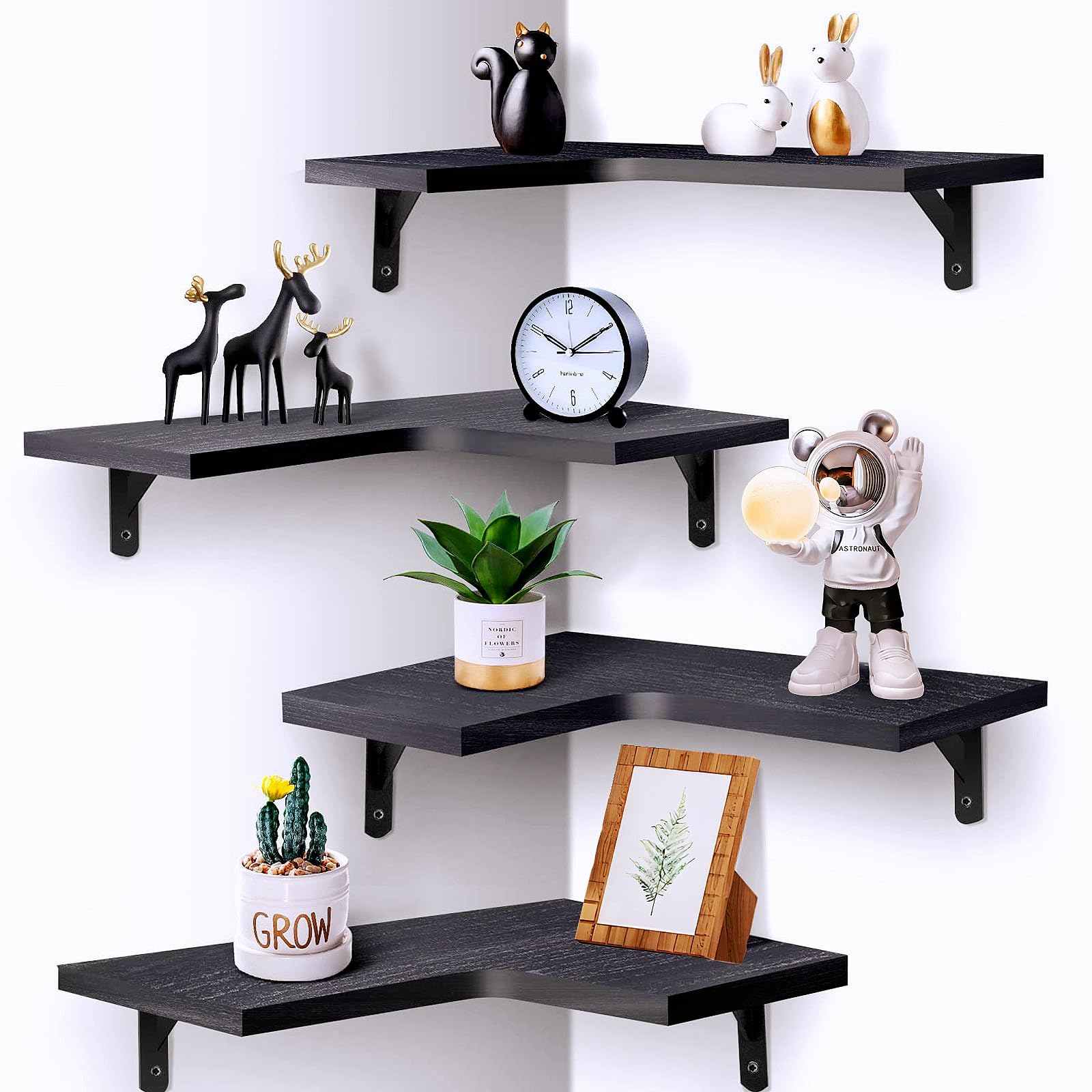 Wlicon Floating Corner Wall Shelves Set of 4, Corner Shelves Wall Mounted Set Modern Rustic Style, Wall Mounted Display Shelves, Wood, for Home Decor, Bedroom, Living Room, Bathroom, Kitchen, Office
