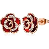 AllenCOCO 18K Gold Plated Black Rose Flower Stud Earrings for Women