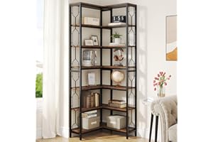 Tribesigns Corner Shelf, 7-Tier Industrial Corner Bookshelf, Wood and Metal Etagere Bookcase, Freestanding Display Shelf for Living Room, Kitchen, Home Office, Rustic Brown