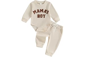 MERSARIPHY Newborn Baby Boy Fall Winter Clothes Mama's Boy Little Dude Outfit Embroidery Waffle Knit Romper Pants Sets