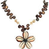 BlueRica Cowrie Flower Pendant on Wood Disk Bead Necklace