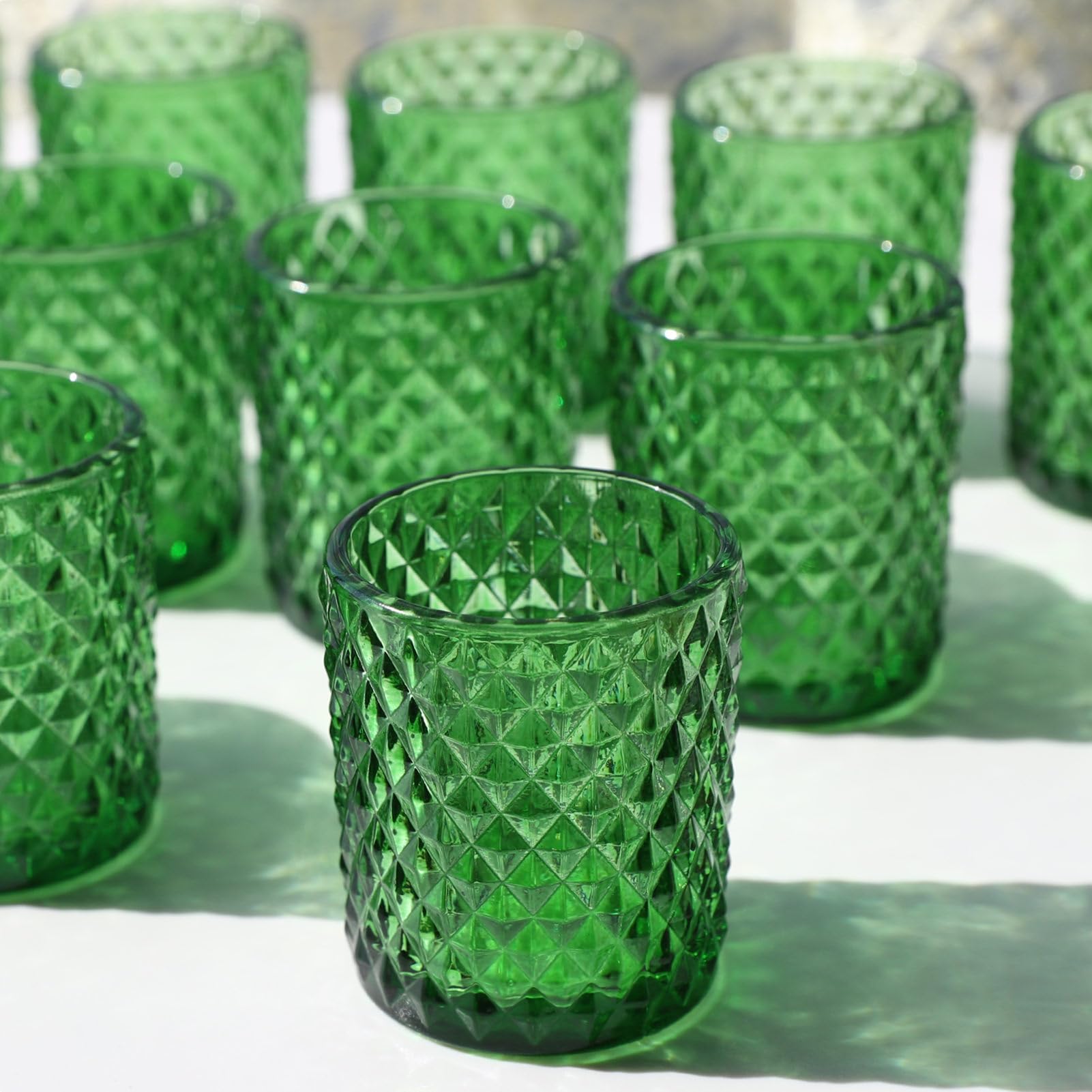 Vohocandle 12pcs Green Tea Light Holders Glass for Wedding Table, Glass Tea Light Candle Holders for Baby Shower, Green Tealight Holder for Party & Holiday Table Decor(5.5 W × 6.5 H cm)