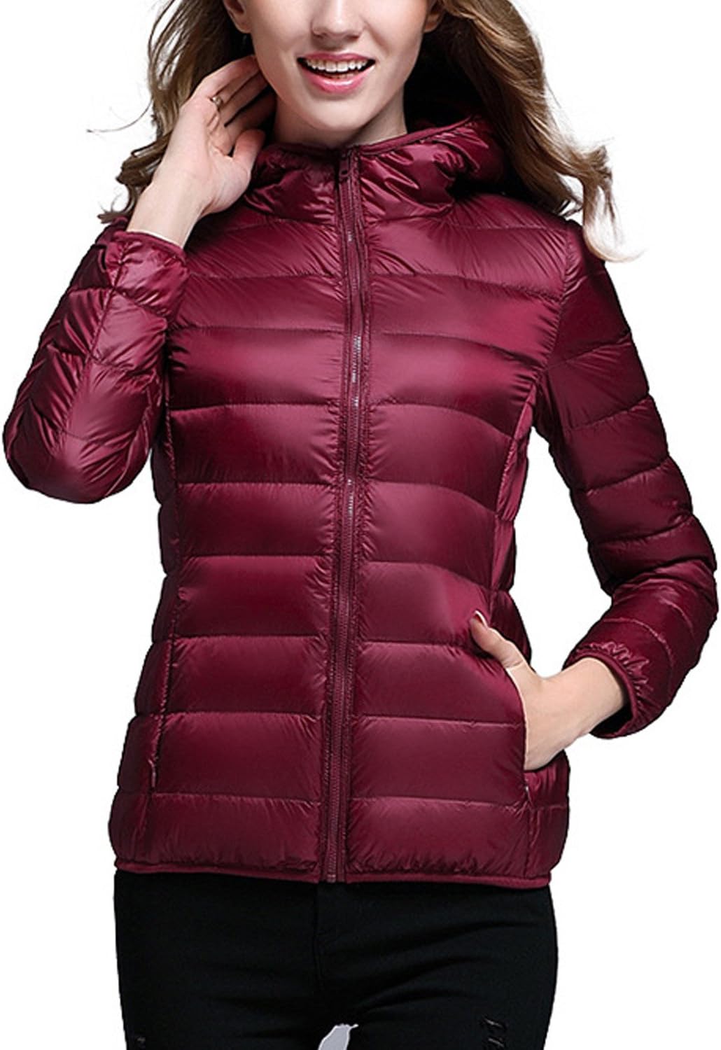 Ultra Light Down Jacket for Womens,Hooded Puffer Down Jacket Wine US S