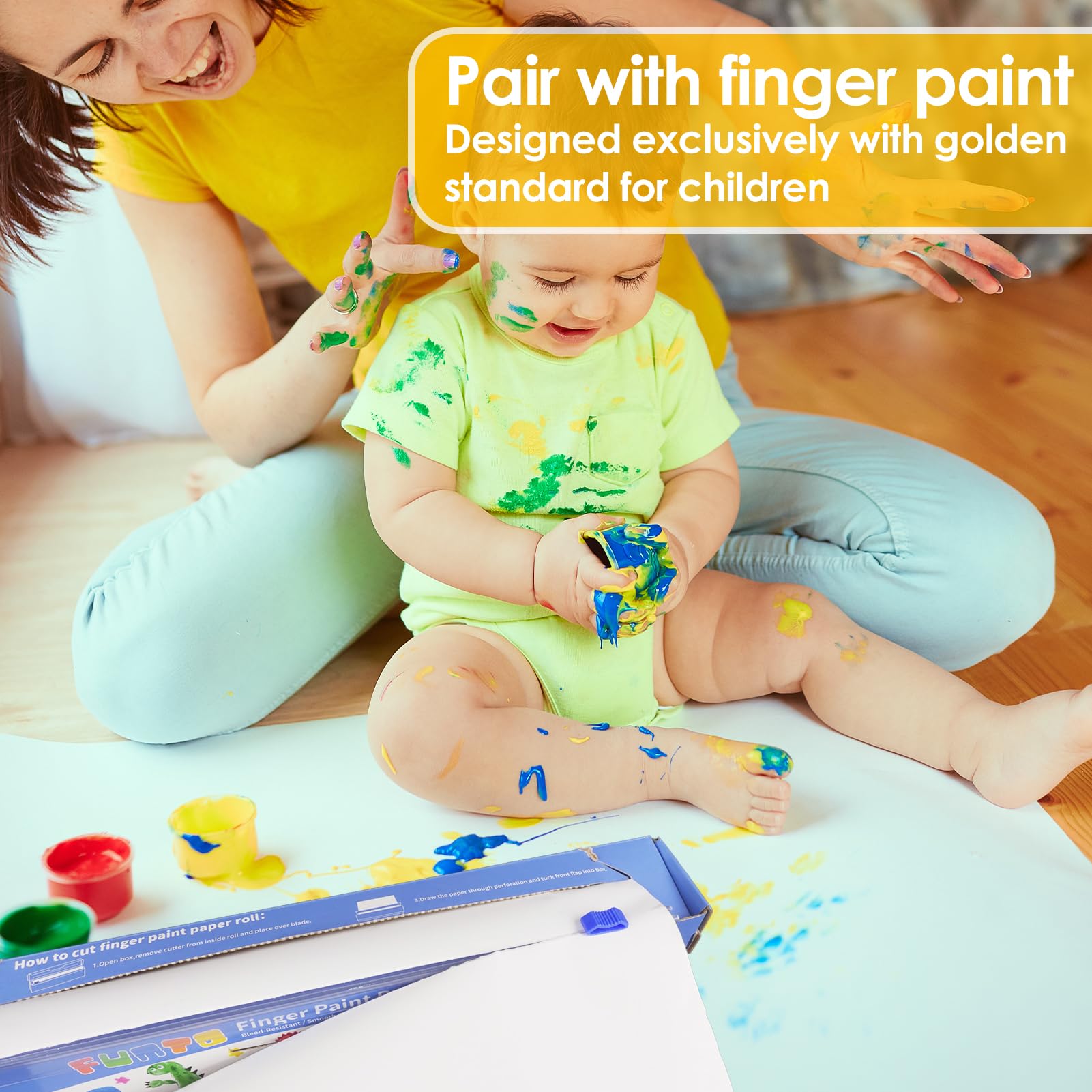 Funto Finger Paint Paper Roll, 12''x400'', Size-Free, White, Large Paint Paper for Toddlers, Art Paper for Kids, Paper for Painting, Easy to Cut
