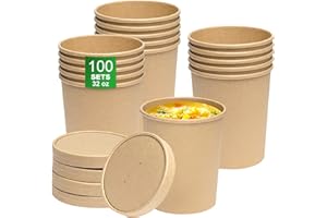 APSIC Disposable Kraft Paper Soup Cups - 100 Sets 32oz Large To Go Soup Bowls with Vented Lids - Hot & Cold Friendly - Take Out Food Storage Containers for Ice Cream, Noodles, Snack, Yogurt