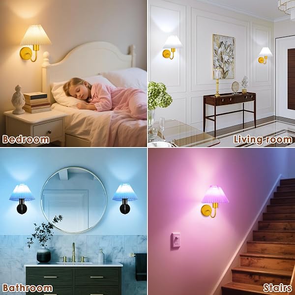 MODERN WALL SCONCES SET OF 2, WIRELESS BATTERY OPERATED WALL SCONCES, 2 PACK NO WIRING PLUG IN WALL LAMP WITH RGB SMART BULB, EASY INSTALL PORTABLE WALL LIGHT FOR BEDROOM, LIVING ROOM (GOLD)