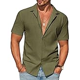 Runcati Mens Button Down Cotton Shirt Short Sleeve Casual Linen Untucked Shirts Summer Beach Vacation Tops