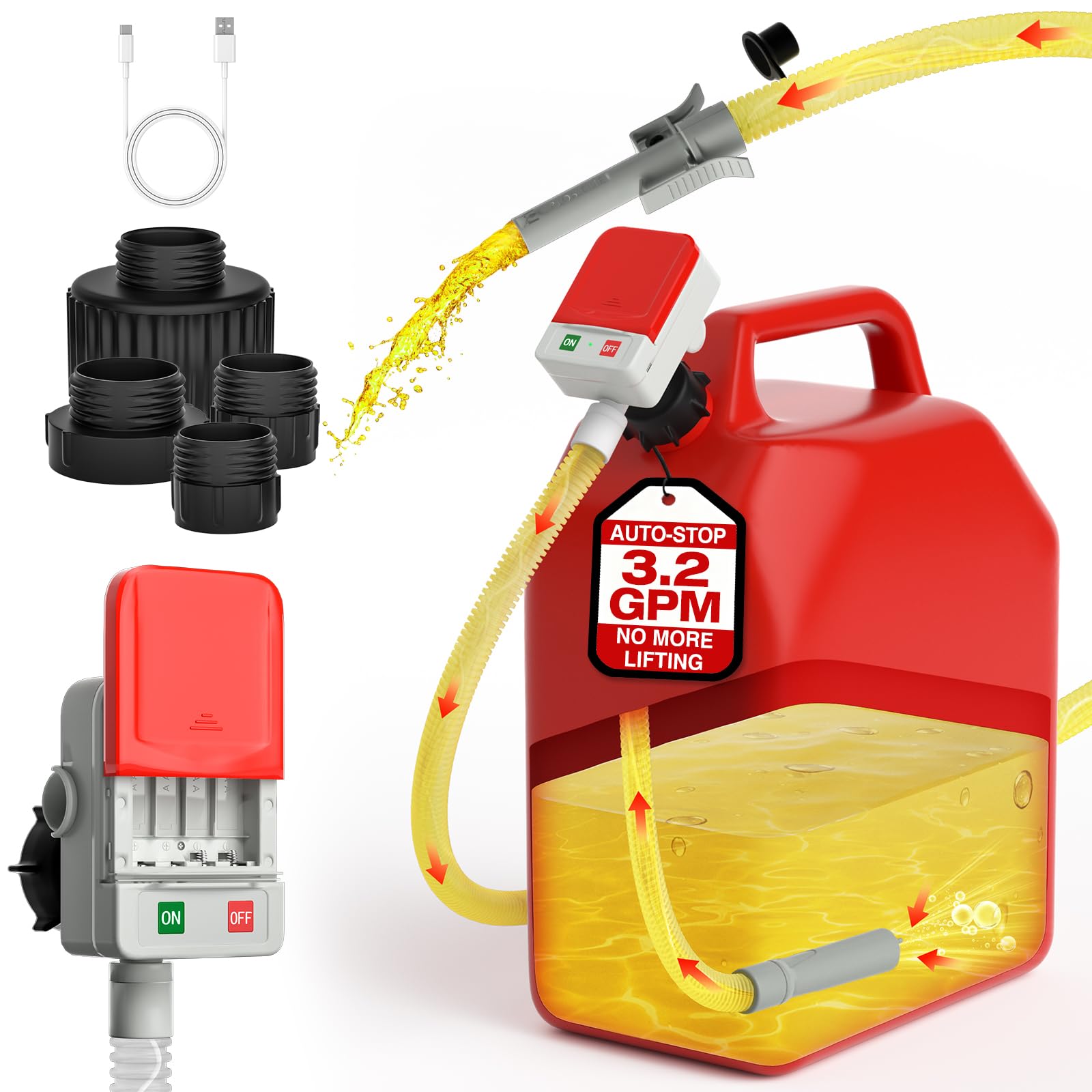 Photo 1 of Keimi Fuel Transfer Pump with Auto-Stop, 3.2 Gallon per Min, 51" Extra Long Hose, Battery & USB Powered, 4 Can Adapters, Fast and Safe Gas Pump for Oil, Diesel and Gasoline