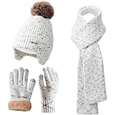 Winter Beanie Hat Scarf Gloves Set for Women, Classic Beanie with Removable Pom Pom Long Scarf Touchscreen Gloves 3 in 1 Set