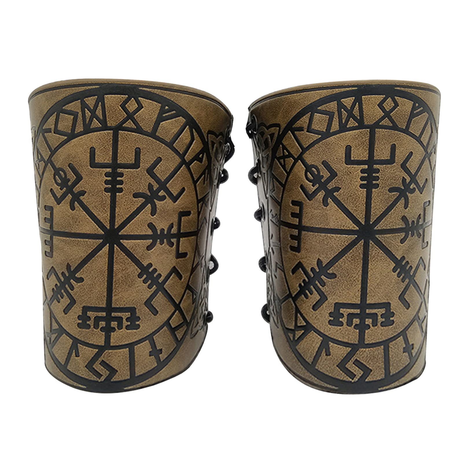 Leather Bracers,Viking Vegvisir Embossed Arm Bracers Adjustable Viking Leather Armor Cuff Gauntlet Wristband Nordic Arm Gauntlets Punk Viking Costume Accessories for Men Women LARP Archery (Khaki)