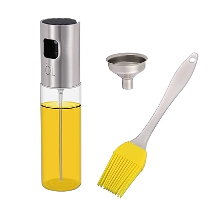 KWOKWEI Öl Sprühflasche, 100ml Sprayer Ölspender aus Edelstahl und Glas, Öl Auslöser/Olivenöl Glasflasche mit Bürste, Transpa