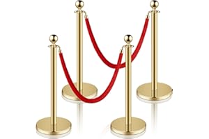 GKOKG Gold Stanchion Posts - Red Velvet Rope and Post, Include 38 Inch Stanchion Poles and 5 ft Velvet Ropes, Crowd Control Barriers Queue Line Rope, Red Carpet Ropes and Poles, 4 Stanchion Set for Party