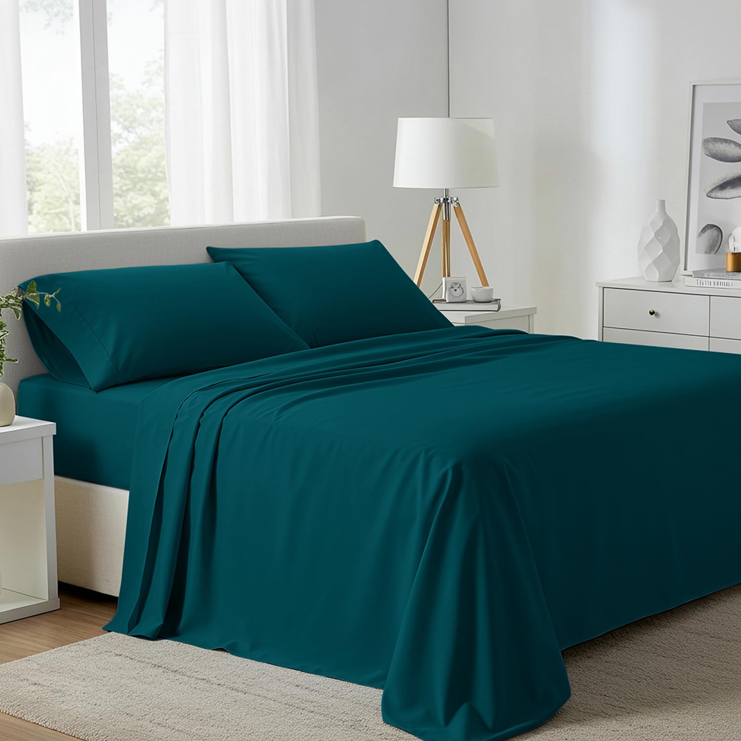 Photo 1 of Carressa Linen 100% Egyptian Cotton King Size Sheets Set - 800 High Thread Count Egyptian Cotton Sheets King Size (4 PC, Peacock Teal), Soft, Cooling, 16" Deep Pocket Sateen Weave Luxury Bed Sheet