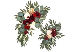 belupai Artificial Wedding Arch Flowers Set of 2, Rose Flower Swag Arrangements DIY Greenery Floral Swag for Wedding Reception Backdrop Table Decorations Welcome Sign