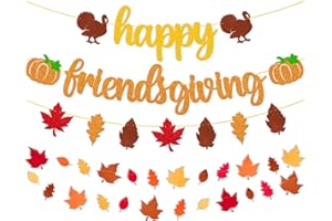 YOYMARR Happy Friends Giving Banner Fall Maple Leaves Garland Thanksgiving Day Autumn Turkey Theme Glittle Gold Party Decoration Happy Thanksgiving Day Party Supplies