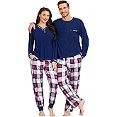 SWOMOG Couples Pajama Set Long Sleeve and Plaid Pants with Pockets Pjs Soft Sleepwear Lounge Set