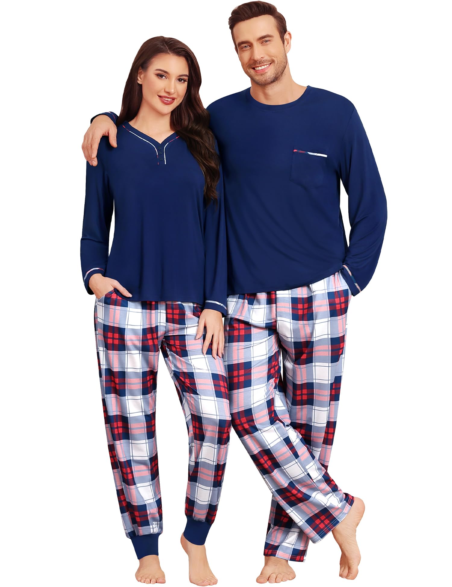 Photo 1 of ** ONLY ONE SET PJ** SWOMOG Couples Pajama men Set Long Sleeve and Plaid Pants with Pockets Pjs Soft Sleepwear Lounge Set Men Navy Blue Medium