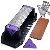Grindance 3-Sided 400/1000/8000 Grit Diamond Sharpening Whetstone Kit | Angle Guide, Non-Slip Base, Leather Strop, Protective Glove Included, Knife Sharpener for Kitchen/Hunting/Outdoor Knives