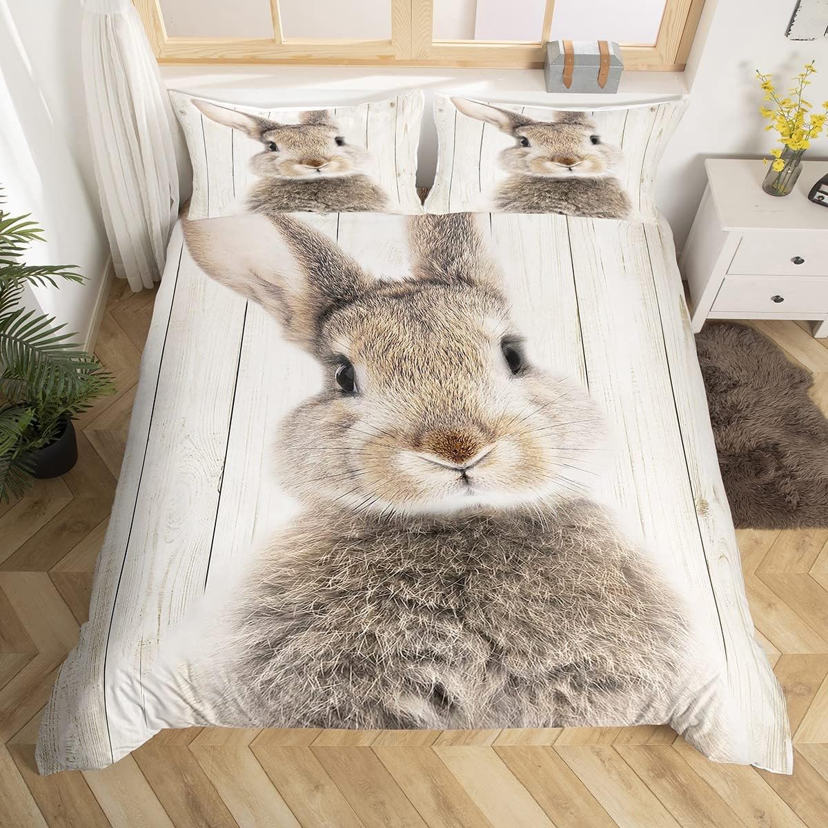 Homewish Brown Rabbit Duvet Cover Rustic Farmhouse Wooden Background Bedding Set Single Cute Woodland Animal Comforter Cover For Kids Girls,Wild Bunnies Quilt Cover With Zipper 2 Pcs