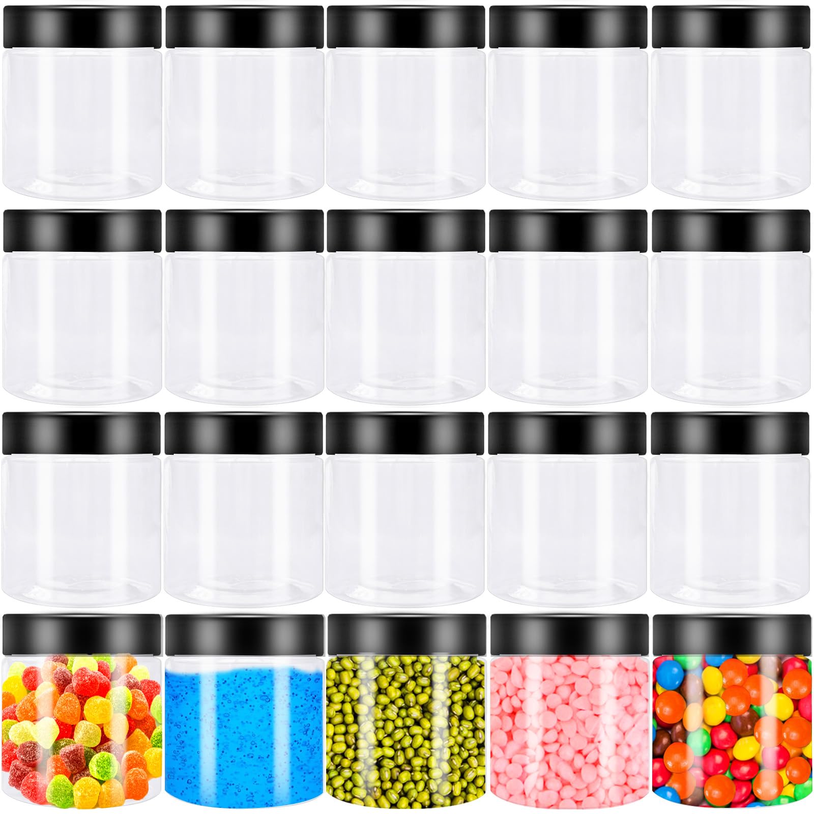 Photo 1 of 20Pcs 4oz Plastic Slime Containers with Black Lids,Round Refillable Travel Storage Sealed Jars Clear Wide Mouth Container for Candy,Food Storage,Makeup,Cosmetics,Lotions,Eye Shadow,Cream,Samples