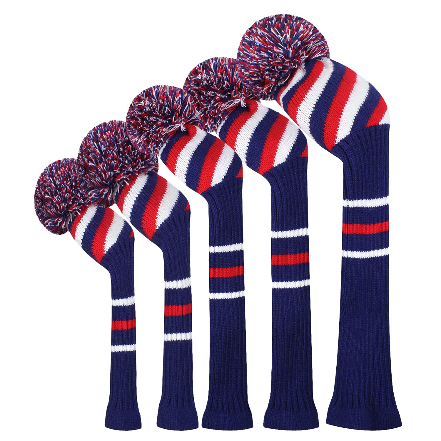Scott Edward Multi-Style Knit Golf Head Cover Set of 5 for Driver Wood*1, Fairway Wood*2 and Hybrid*2, Long Neck, Big Pom Pom, Low-Key Style, Suitable for men/women (Blue Red White Ripple)