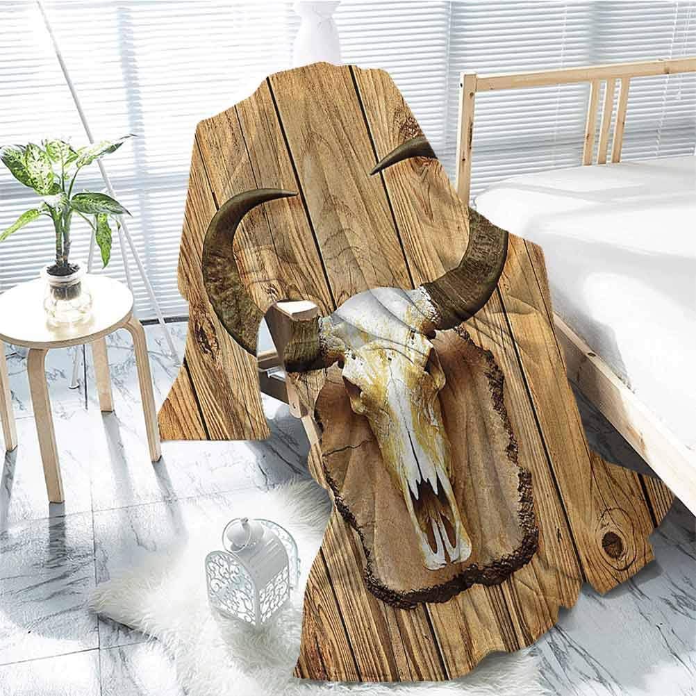 Western Decor Collection Children's blanket Broken Cracked Buffalo Bull Skull with Horns Hanging on Rustic Wooden Plank Image Lightweight soft warm and comfortable W60 x L70 Inch Ivory Beige