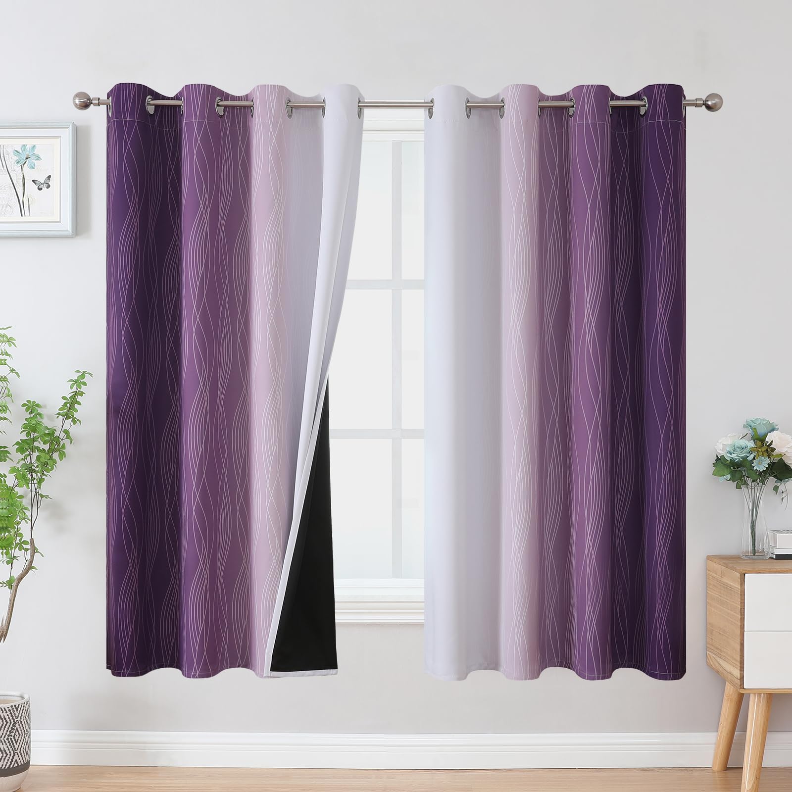 VEHEDE Gradient Purple and Greyish White Blackout Curtains for Living Room, Eyelet Soft Thermal Insulated Curtains & Drapes for Kids Bedroom, W52 x L63 Inch, 2 Panels