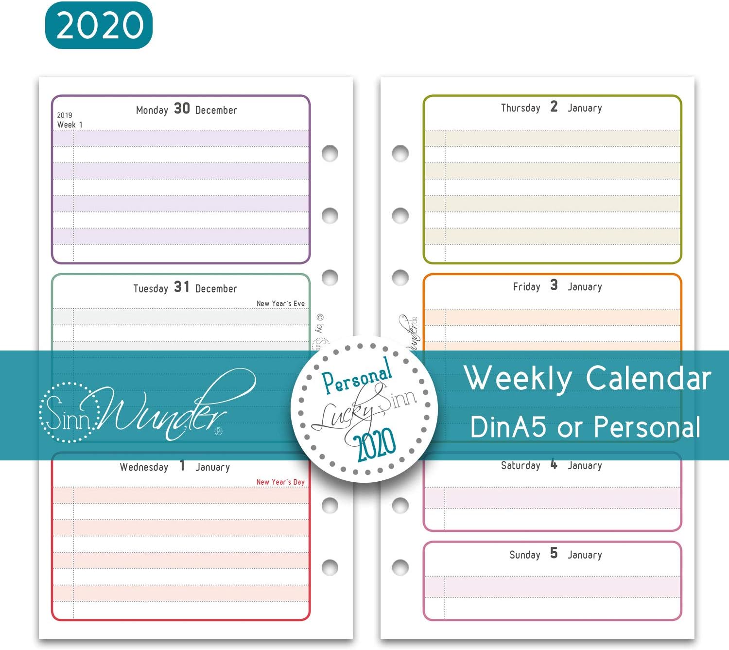 SinnWunder 2020 Premium - Calendar Refill - Weekly View with 1 Week on 2 Pages - LuckySinn - Personal Size