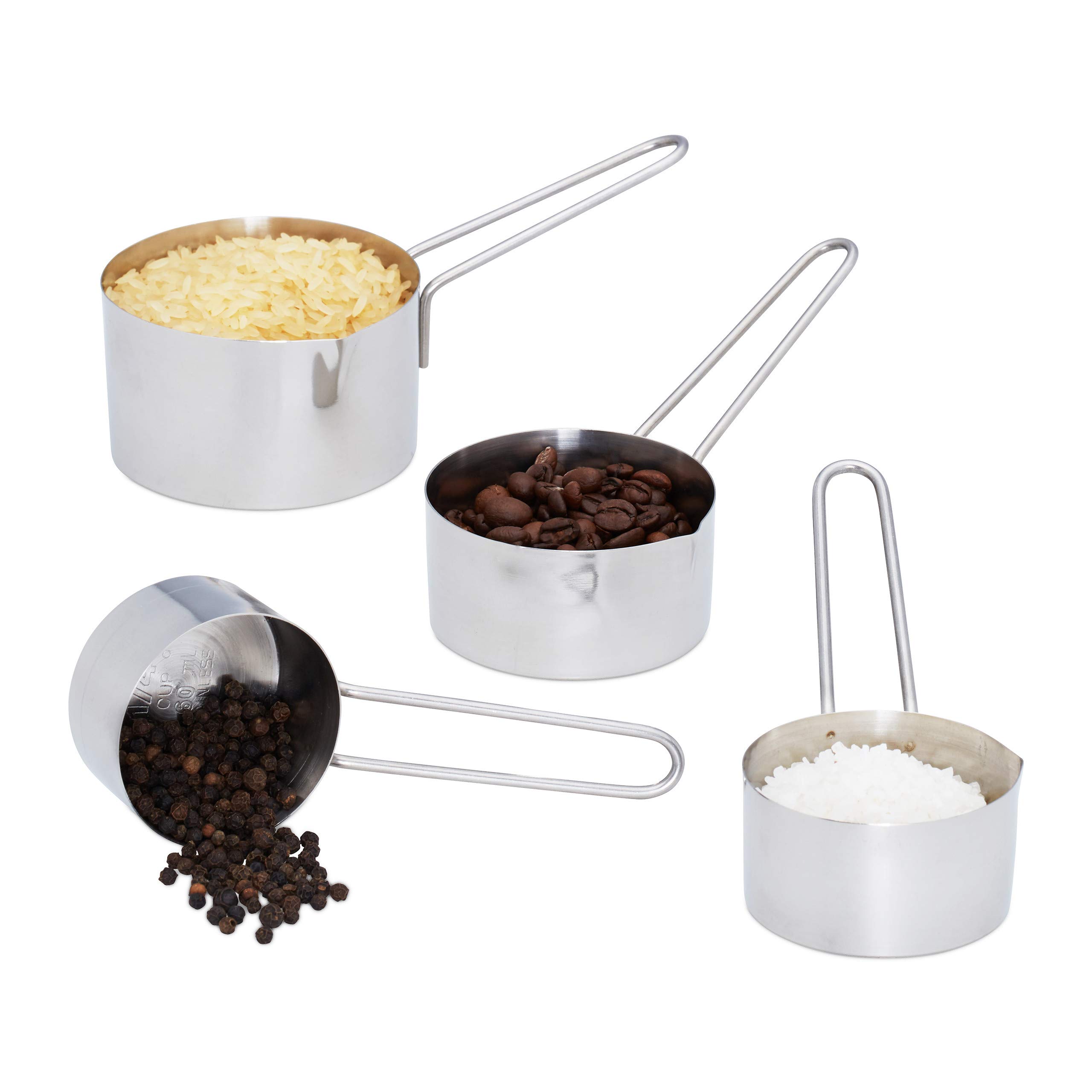 Relaxdays 4-Piece Measuring Cup Set, Stainless Steel Jugs with Handle, Dishwasher-Safe & US Size with Markings; Silver
