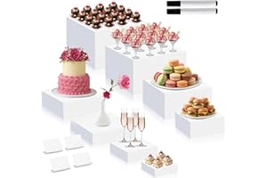 Blosssound 8 Pieces White Acrylic Risers with 8 Signage 2 Markers, 3-10 Inch Cube Nesting Risers Display Stands with Hollow Bottoms for Buffet Table Catering Dessert Food Collectibles Show
