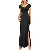 Miusol Women's Retro V Neck Elegant Ruched Split Style Formal Long Dress