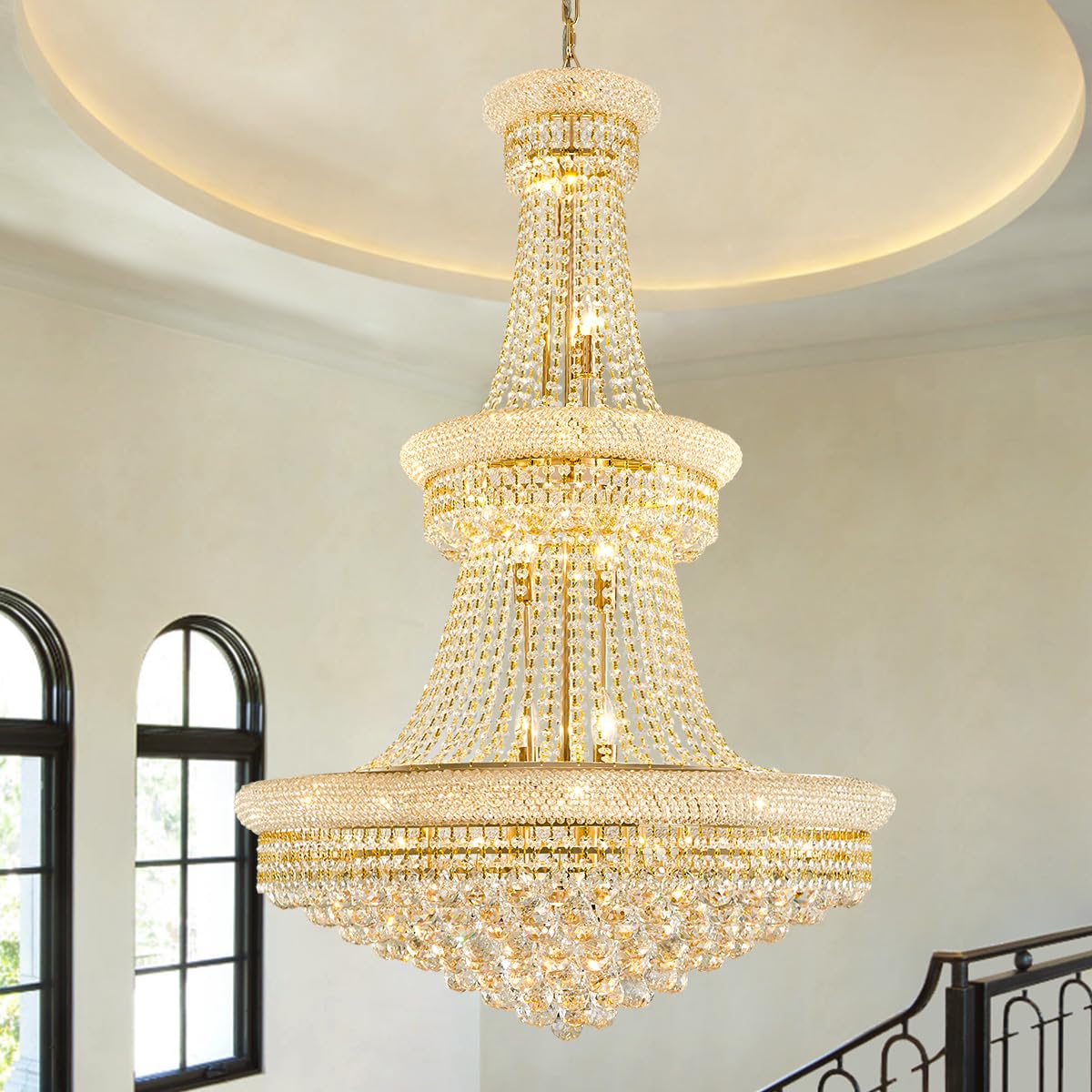 Photo 1 of DUNFIZZ 19-Lights High Ceiling Chandelier Modern Gold Crystal Chandeliers Large Foyer Chandelier Fixtures for Staircase Living Room Hallway Entryway (H47 x W31.5)