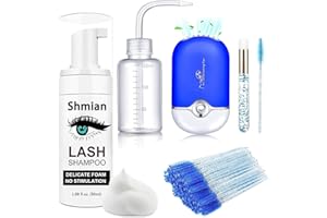 Lash Shampoo for Lash Extensions, Shmian Eyelash Fan 60ml Eyelash Foam Cleanser with 50 Pcs Eyelash Brush and Rinse Bottle Oi