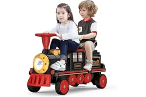 ANPABO 2-Seater Ride On Train Trackless, 12V Kids Car with Height-Adjustable Seat, Extra Storage, Headlight, Train Whistle & Music, Electric Car for Kids 3+ (Carriage Not Included), Red