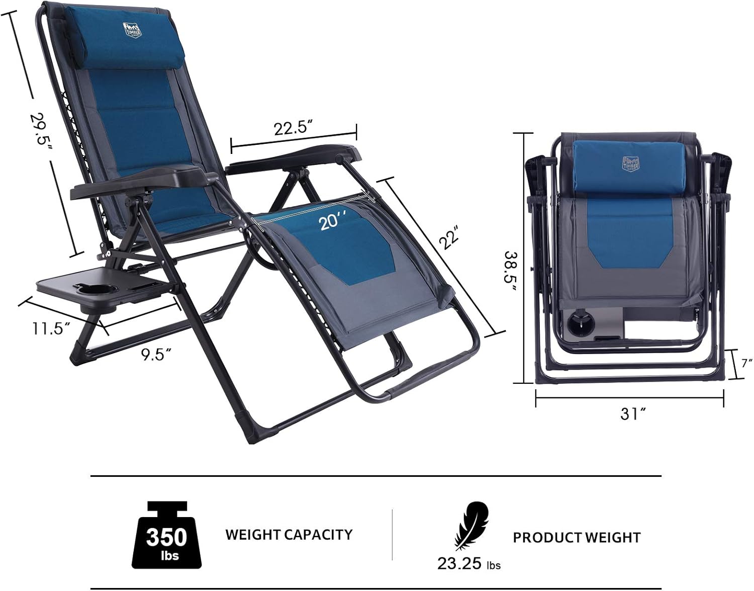 TIMBER RIDGE Oversized Zero Gravity Chair Padded Patio Lounger with Cup Holder Support 350lbs(Blue): Kitchen & Dining