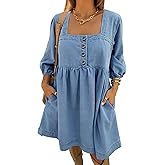 Skirt BL Denim Dress for Women Square Neck Jean Dress 3/4 Sleeve Babydoll Tiered Summer Dresses with Pockets 2025