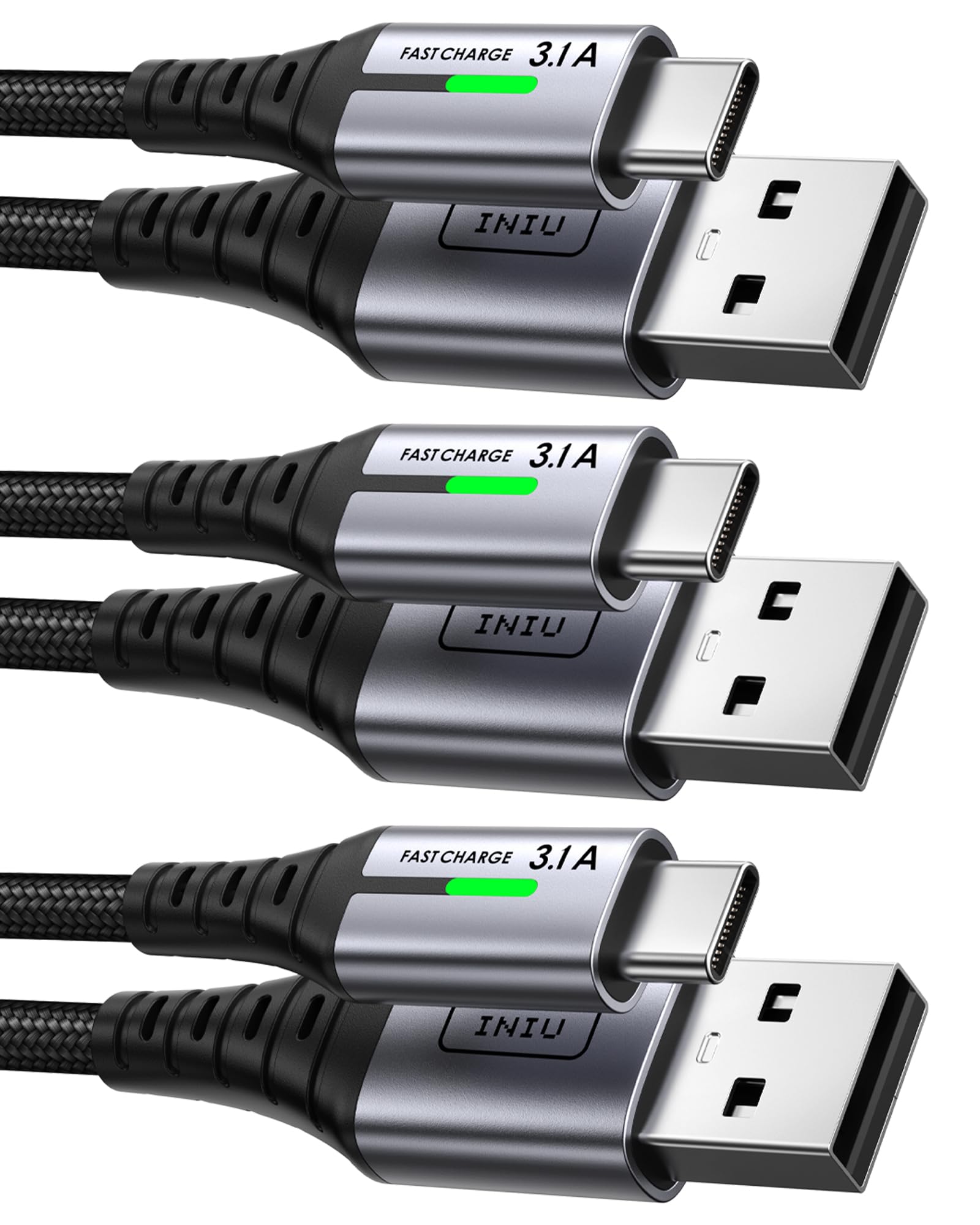 INIU USB C Charger Cable, [3 Pack 0.5+2+2m] USB A to USB C 3.1A Fast Charging, Braided Phone Charger Type C Cable for iPhone 17 16 15 Pro Max Samsung Galaxy S25 S24 S23 Switch PS5 Huawei Pixel 9a etc