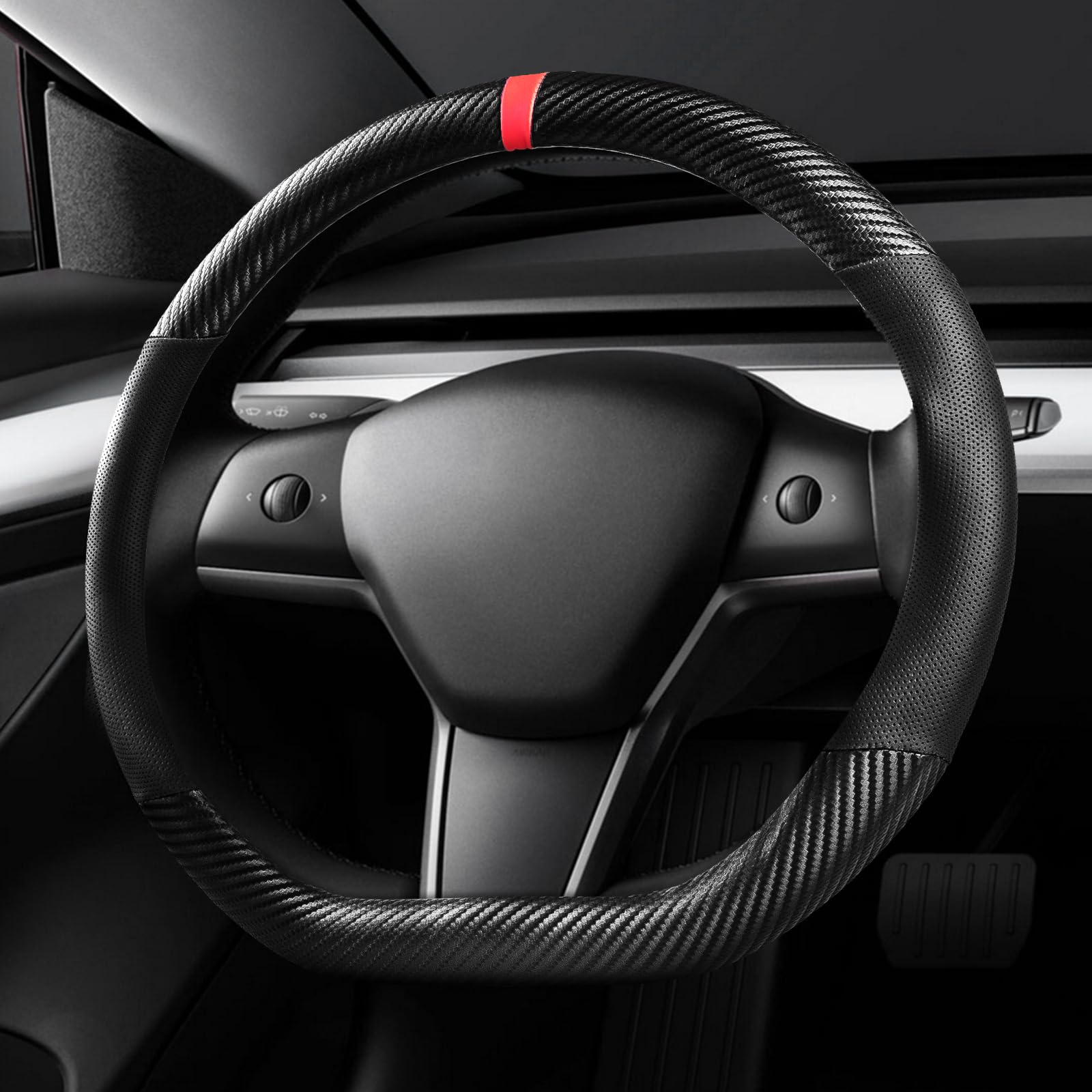 Photo 1 of KAFEEK Carbon Fiber Car Steering Wheel Cover for Tesla Model 3 / Model Y, Breathable Leather, Anti Slip, for Tesla Accessories for Women and Men, Black
