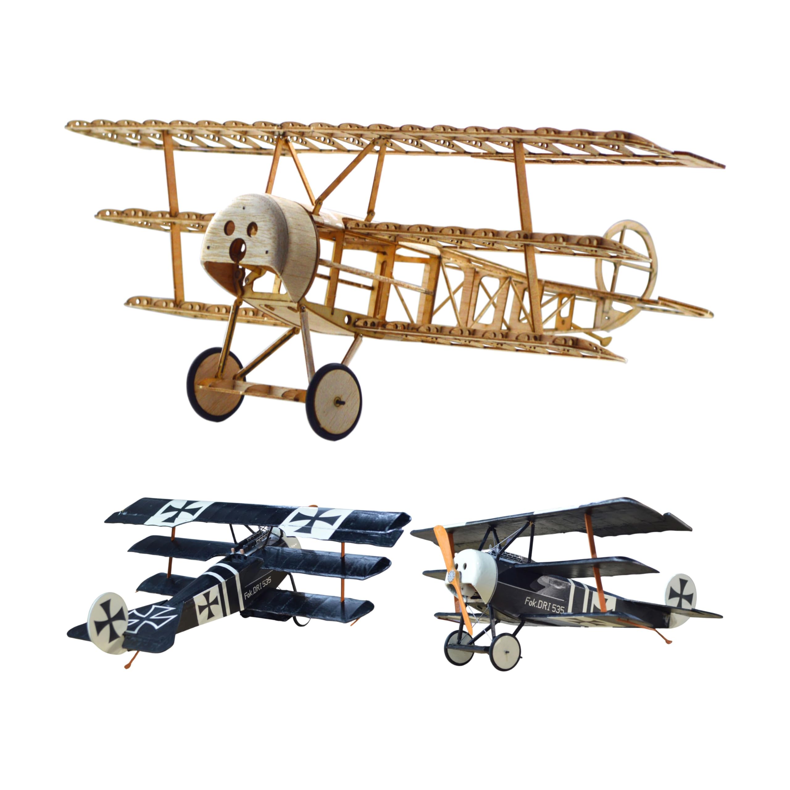 Fokker Dr.1 Slow Flyer model aircraft kit, scale 1:20, 358 mm wingspan, RC model aircraft kit, diy airplane to build yourself, laser-cut balsa wood components, 358 x 280 x 135 mm, 48 g RTF