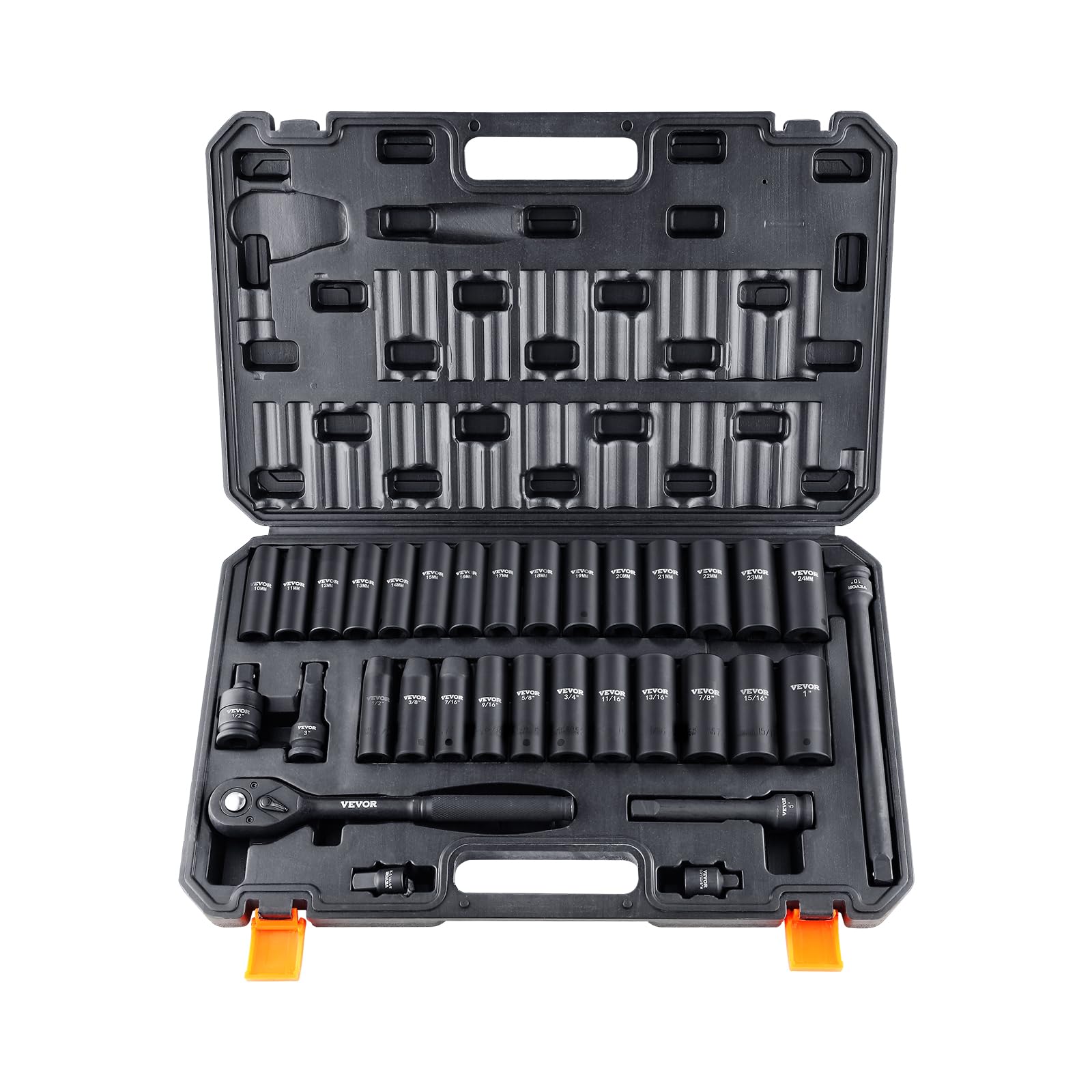 VEVOR 1/2" Drive Impact Socket Set, 33 Piece Socket Set SAE 3/8"-1" and Metric 10-24mm, 6 Point Cr-V Alloy Steel for Auto Repair, Easy-to-Read Size Markings, Rugged Construction, Includes Storage Case — image 1