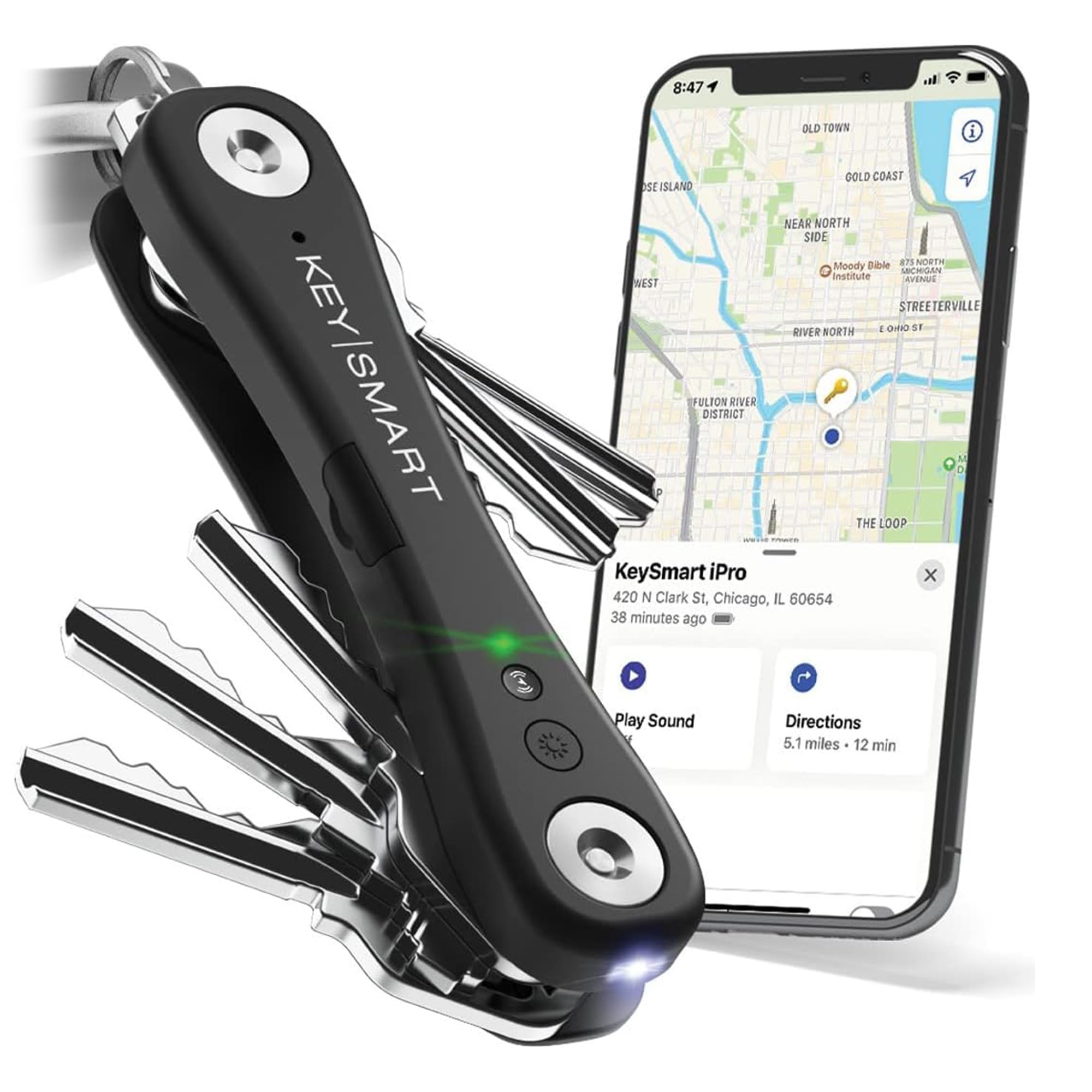 KeySmart iPro - Apple Find My App Compatible - Find Your Lost Keys Smart Key Organizer Keychain Holder, Compact Trackable Keychain, LED Flashlight (up to 14 Keys)