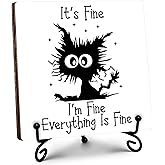 Cat Lover Gifts for Women Men, Funny Black Cat Desk Accessories, It's Fine I'm Fine Everything is Fine Wooden Sign with Stand, Cute Office Gifts for Boss Coworkers Friends, 5"x5"-C21