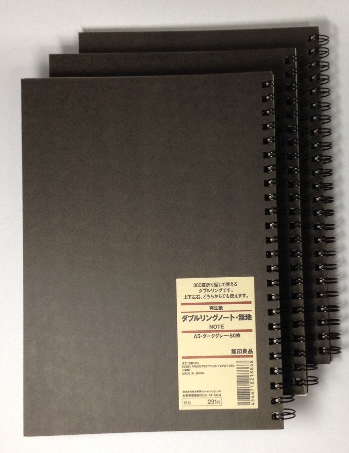 MUJI doble anillo de Blank Notebook A5 unruled 80sheets – Pack de 3books