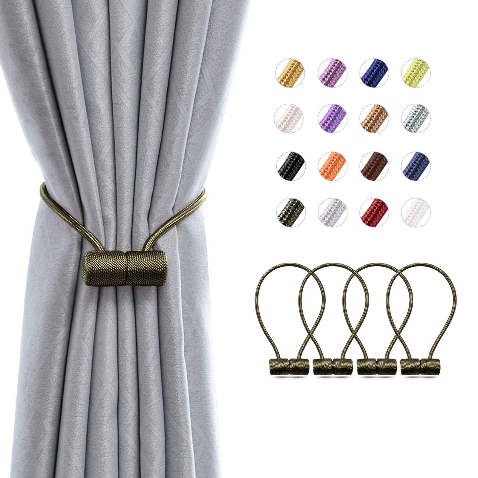 Pretty Jolly 4 Pack Magnetic Curtain Tiebacks 16 Inch Modern Handmade Weave Rope Curtain Holdbacks Convenient Decorative Curtain Drape Tie Backs for Home and Office Window Drapery (Olive)